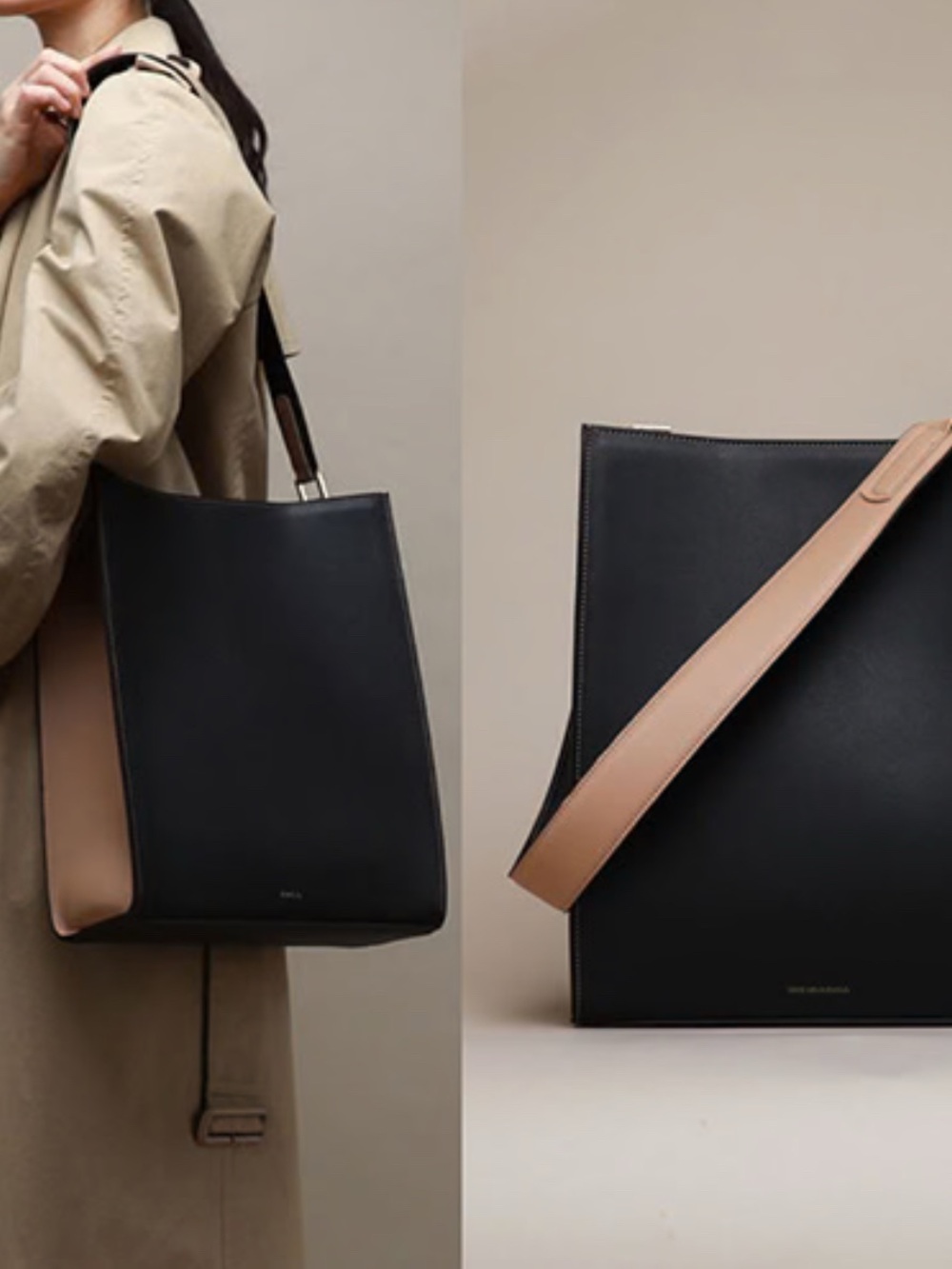 Black & Tan Leather Shoulder Bag - Minimal Tote